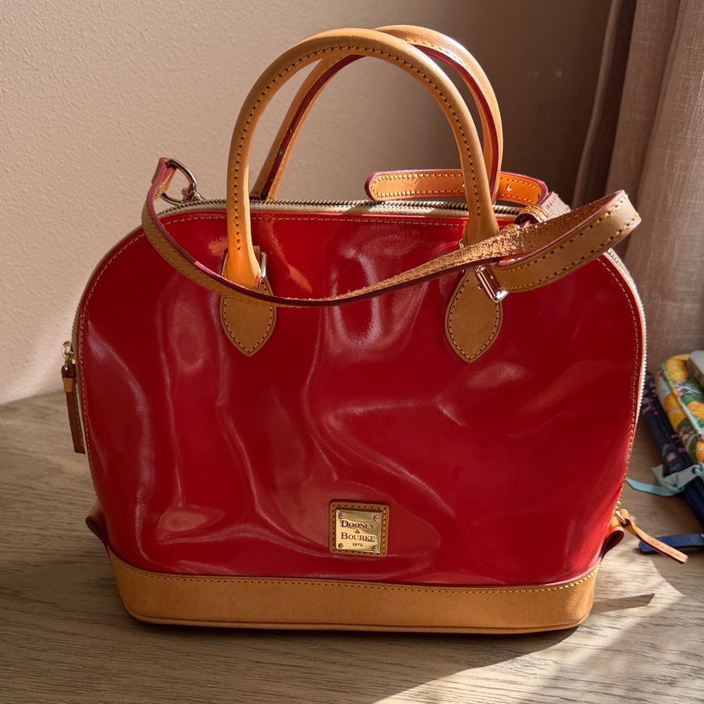 Dooney & Bourke Glossy Red and Tan Satchel